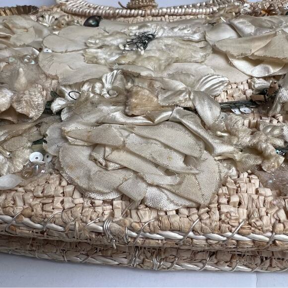 Vintage 1960 Caron Straw Wicker Round Seashell Embellished Purse Handbag Beige - Picture 12 of 14